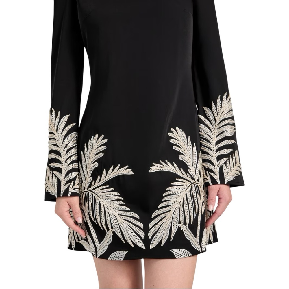 GUESS Eco Angele Foliage Mini Dress Black Embroidered Bell Sleeve Size L - Picture 2 of 15